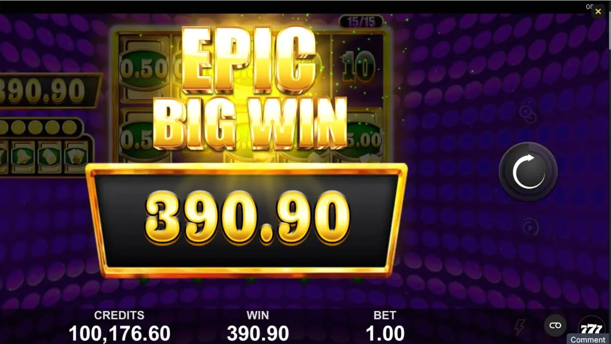 Cash Spree Gold slot machine interface na may gintong tema at kumukutitap na mga simbolo