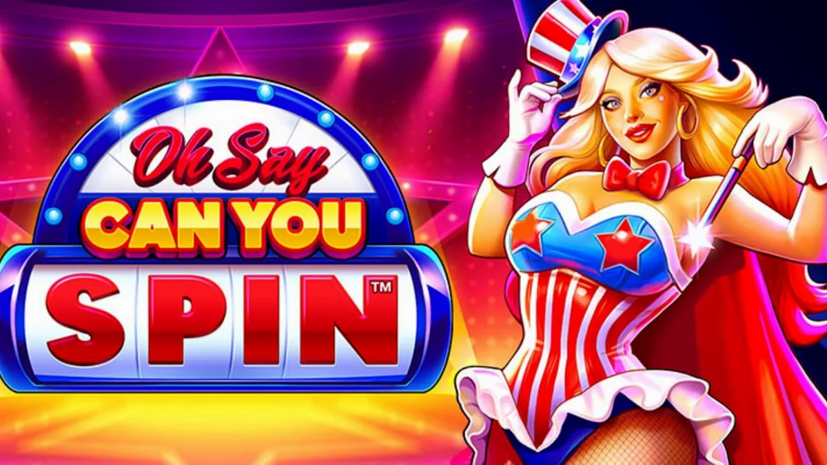 Oh Say Can You Spin slot machine interface na may patriotic theme at cabaret dancer.