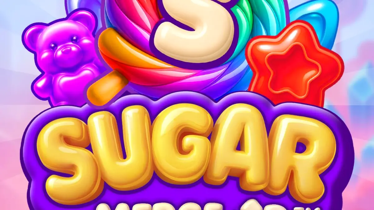 Makulay na grid ng Sugar Merge Up slot na puno ng mga kendi at gummy bears